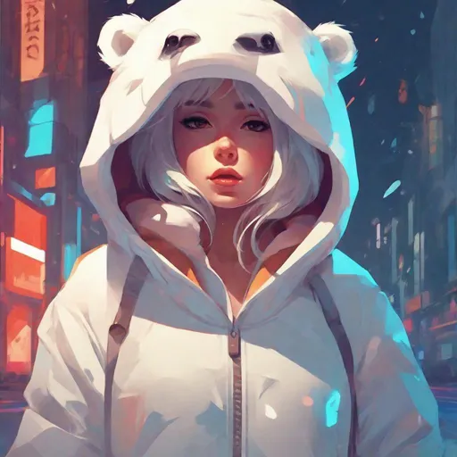 Prompt: beautiful anime girl in a polar bear onesie, highly detailed, vibrant, james gilleard, liam brazier, Tristan Eaton, elegant, highly detailed, centered, artstation