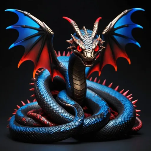 Prompt: Snake with black scales outlined in glowing red and covered in bronze spikes with black and red demonic wings and vivid blue viper eyes, masterpiece, best quality