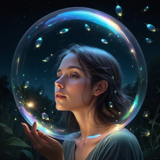 Prompt: Woman encased in an iridescent bubble, fireflies dotting the space around her, night sky softly illuminated by bioluminescence, elements of fantasy, delicate interplay between light and shadow, digital painting, ultra realistic, dramatic lighting.