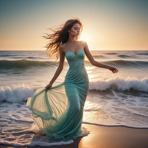 Prompt: Realistic 8K resolution photography of panoramic view of seafoam waves coming ashore at sunset, which artistically morphs into the silhouette of a lady in a large swirling dress standing on the beach just after sunset, displaying exaggerated posture and movement, break, 1 girl, Exquisitely perfect symmetric very gorgeous face,  Exquisite delicate crystal clear skin, Detailed beautiful delicate eyes, perfect slim body shape, slender and beautiful fingers, nice hands, perfect hands,  illuminated by film grain, Film photo style, realistic skin, fish-eye lens, lens flare,More Detail