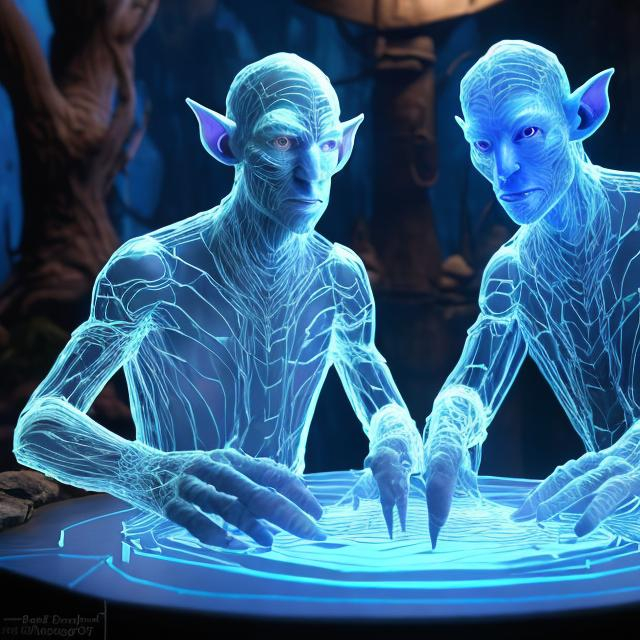 Prompt: double-exposure; glossy blue-skinned (long elven ears:1.0) grizzled goblin scientists, varied expressions; standing around a round table, looking at a 3D transparent holographic projection of a (holographic glowing wireframe goblin character:1.3), transparent, translucent, glowing, holographic, ghost, pellucid floating above a stage, transparent light blue color, Holographic Art; Amazing_unique_creation. Textures. Complementary colors. Creative. Ultra quality. 8k resolution; 8k resolution holographic astral cosmic illustration mixed media; Pablo Amaringo; inside meteorological station, jungly, HUD screens, weather maps; purple_amber_green waxy, detailed, futuristic, photorealistic, maximalist; Makoto Shinkai, J.C. Leyendecker, ilya Kuvshinov, Royo, Karol Bak, Alphonse Mucha, Jordan Grimmer, Greg Rutkowski