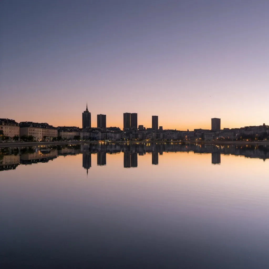 Prompt: photo d'une ville se reflet dans un lac au couché du soleil