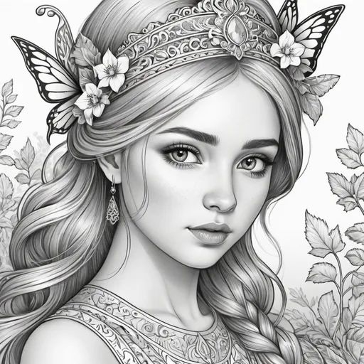 Prompt: anti-stress coloring book, black and white, beautiful girl Alyonushka from a Russian fairy tale, clear regular lines, beautiful, detailed, simple, 800k, high resolution, high detail