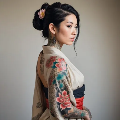 Prompt: The woman exudes an air of grace and confidence as she stands tall, her posture accentuating the beauty of her tattoos. A delicate kimono drapes lightly over her shoulders, complementing the artistry displayed on her skin. Her serene expression carries the weight of a thousand stories, reflecting the deep meaning behind the tattoos.