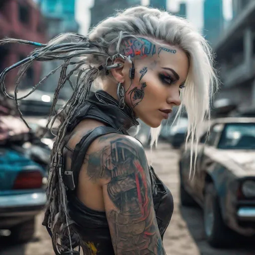 Prompt: beautiful [cyborg girl], with long developing bright white hair in the form of braided wires, with her back to the camera, cobra, multicolored punk style with tattoos on her body,  leather and metal cyberpunk details in a futuristic style, in a dynamic full-screen pose, in front of a cyberpunk car, on a ruined road from a post-apocalyptic city in the twilight of the passing day, dark blue lighting creates the effect of late evening. the doomed gaze is directed directly into the camera, creates the impression of complete loneliness and hopelessness, children's toys are visible among the many fragments of iron structures, attributes and objects of people's lives are covered with dust, lights and lit bonfires in the distance indicate that people's lives are still preserved, this is a dangerous place. light with soft shadows, smoke and dust particles in the air, a trend on artstation, insanely detailed professional photography in 8K format