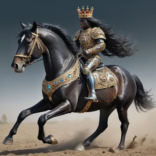 Prompt: Black horse in full gallop, horse is rescuing the King's child, baby wears crown encrusted with diamonds & gemstones, horse wearing equal gemstones fit for royalty, symbiosis of nature and robotic, extreme detail, 8k photography , trending on artstation, sharp focus, studio photo, intricate details, highly detailed, by greg rutkowski