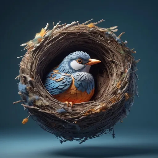 Prompt: Extremely realistic bird. In a sweatshirt, jeans and sneakers. Making a nest. Volumetric lighting, maximalist photo illustrations, 8K concept art, meticulously detailed, complex, expansive, fantastical.