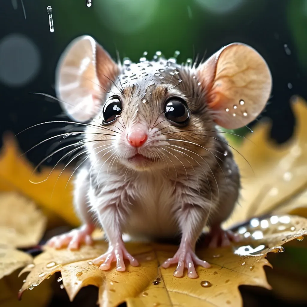 Prompt:  Photo of a tiny fluffy alien mouse, big eyes on wet leaves, falling raindrops, shot with a 90 mm camera, high resolution, photorealism