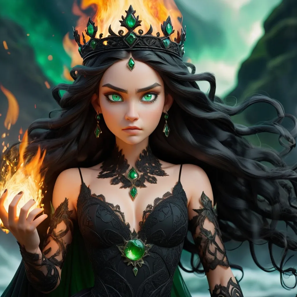 Prompt: Valkirie in black dress, black detailed hair, intense clear green eyes, mythical  battle background,  elemental goddess, crown , fire in her hands,   the orbes of elements of fire, earth, air and water surround her. black beautifull gown of lace, atmospheric lighting