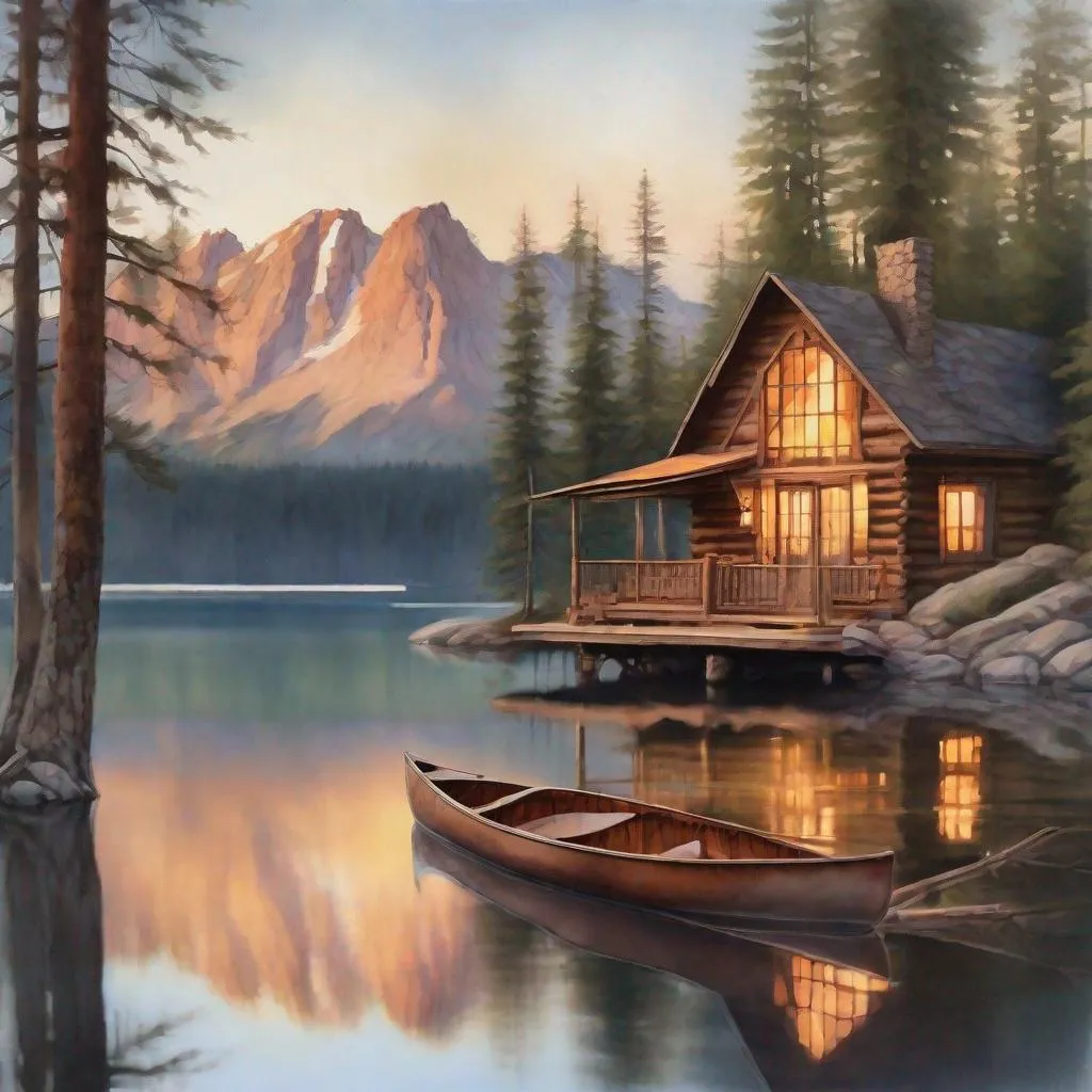 Prompt: Rustic cabin, nestled on mountain lake shore, surrounded by towering pines, reflecting on crystal clear water, warm glow from inside windows at twilight, canoe resting by the dock, distant mountains in soft focus, watercolor style, serene atmosphere, golden hour lighting, vivid colors, ultra-realistic.