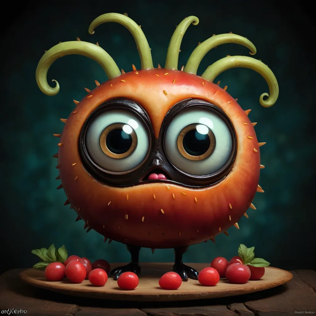 Prompt: A cute character, large eyes, playful food art, dark background, dynamic pose, digital art, Andy kehoe