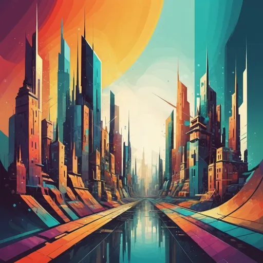Prompt: abstract cityscape, in the style of colorful solution, ancient futurism 
