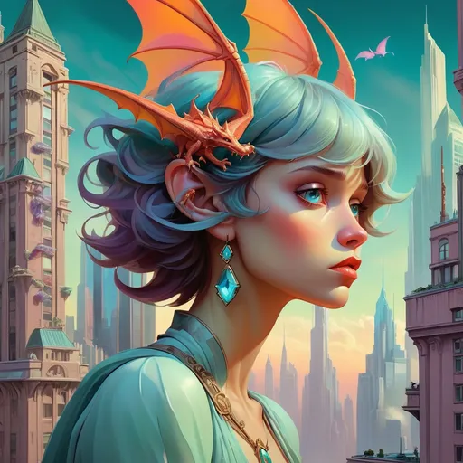 Prompt: A surreal digital painting seamlessly blending elements of different worlds into one fantastical scene. Crystal castles float above a futuristic city where dragons soar between skyscrapers. Imaginative visual storytelling merges themes of magic and technology. Vibrant colors and lighting enhance the mood. Rendered in the fantasy art style of Alphonse Mucha.