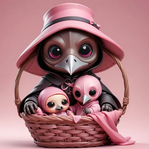 Prompt: adorable chibi pink plague  doctor and baby in basket