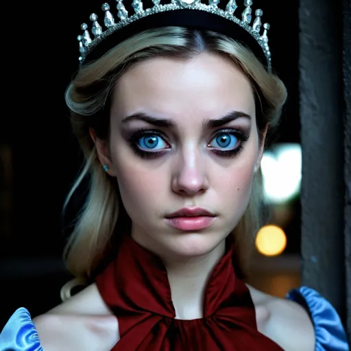 Prompt: color photo of "a modern-day Cinderella with a touch of darkness, featuring deep, haunting eyes and a face filled with sadness. She stands in a contemporary setting, wearing a unique and edgy interpretation of Cinderella's iconic attire. The photo captures her internal struggle, as she embodies both the innocent fairy tale character and a hint of a devilish nature. Her expression tells a story of inner turmoil, reflecting the complexities of her modern journey" —c 10 —ar 2:3