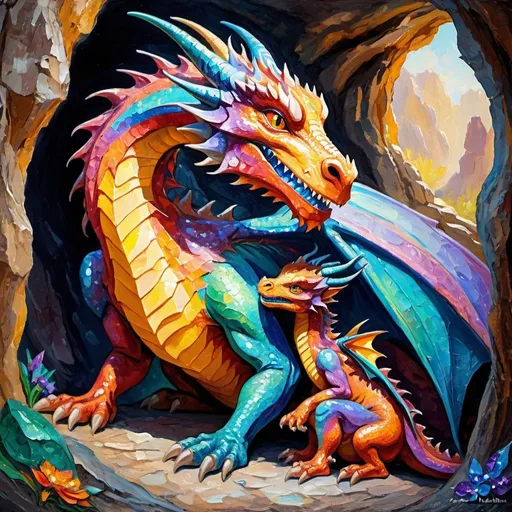 Prompt: A beautiful Sparkle skin Dragon mother hugging her baby dragon with love and care, as a protector mother, background is a rocky treasure cave, sunlight streaming through cave opening, full body view" neo-impressionism expressionist style oil painting, smooth post-impressionist impasto acrylic painting, thick layers of colourful textured paint