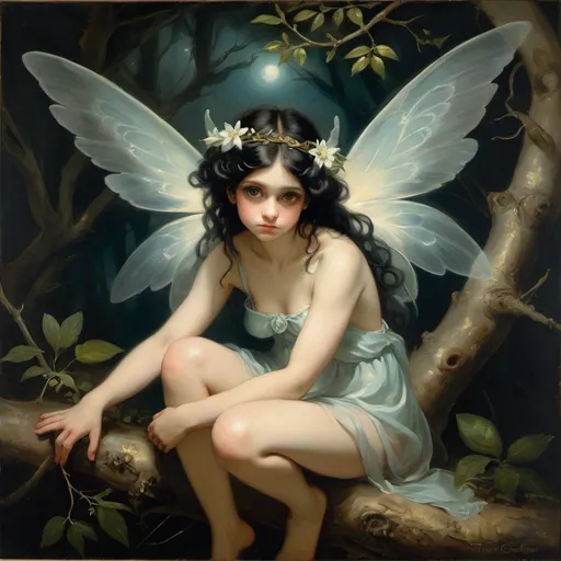 Prompt: Sympathetic fairy as imagined by Francisco Goya, portrayed in the dramatic chiaroscuro technique, entwined in Hippolyte Delaroche's historical painterly style, with Jasmine Becket-Griffith's fantasy elements, perched on a gnarled branch, ethereal glow, mesmerizing eyes, in a dimly lit, enchanted forest, oil on canvas, angelic yet otherworldly presence, ultra fine detail
