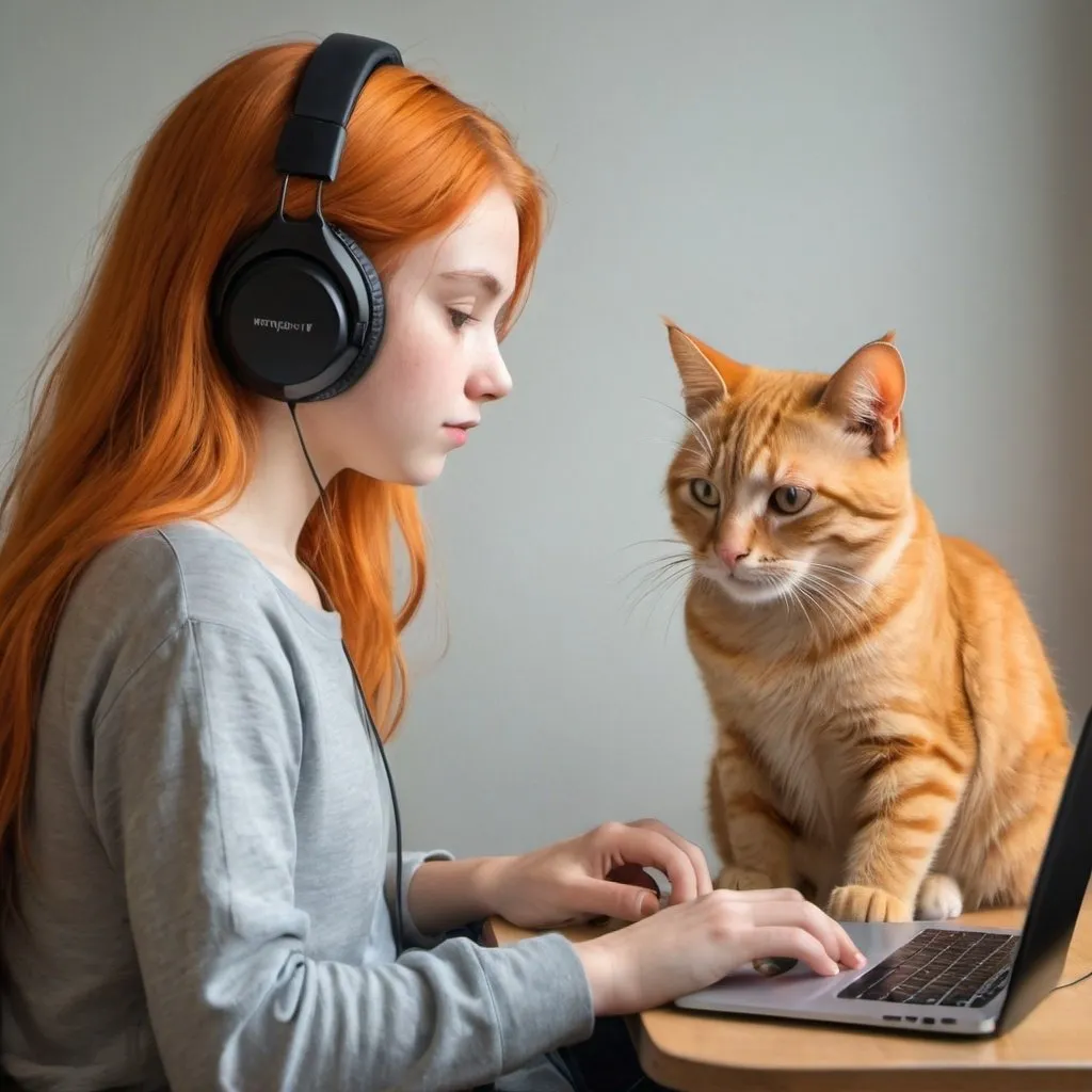 Prompt: A girl with headphone coding on her laptop as her orange cat sits beside her, impressionism