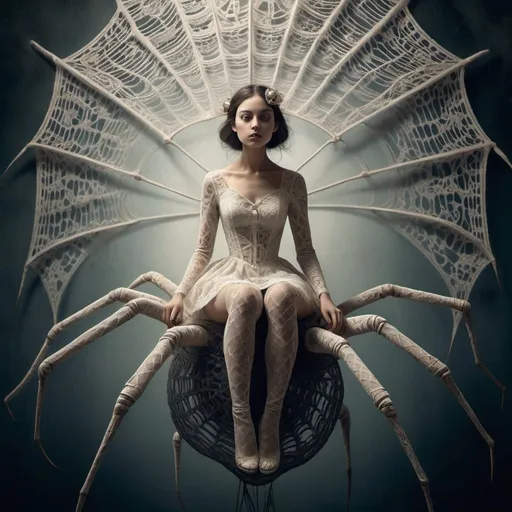 Prompt: A hauntingly beautiful Surrealist illustration of a girl in delicate lace attire sitting atop a massive spider, inspired by the works of Salvador Dali and Remedios Varo, detailed web patterns, intricate lace textures, ethereal lighting, dreamlike atmosphere, vertical orientation --s 150 --ar 2:3 --c 5