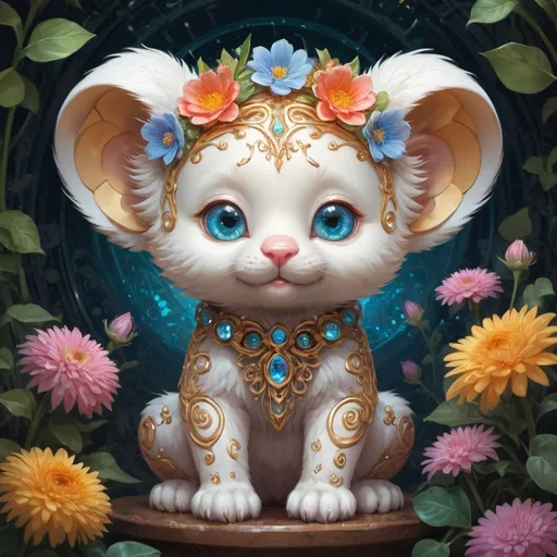 Prompt: Cute colorful magical charming with a beautiful muzzle cub is a fantastic creature, a fantastic creature- baby sequins, holographic filigree, reflective eyes, intricate, extremely detailed, filigree looking into the camera, large round detailed eyes, cute, charming, cutie, flowers, very fluffy, detailed eyes, magic, surrealism, fantasy, digital art, author Ross Tran, Lop-eared, Artgerm and James Jean, Brian Froude, Naimi Kanani, masterpiece of complex art, golden ratio, trend of complex art stations, high detail, ultra-high quality