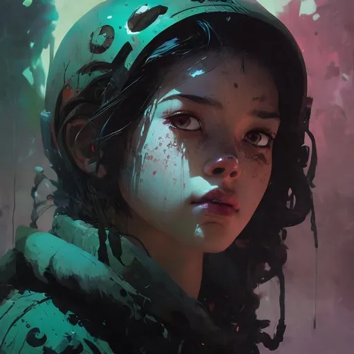 Prompt: closeup illustration of a pitch darkness portrait ,  fluorescent handprint on model's face,   serpan warrior, grunge, atey ghailan, Art by Jock,  pino daeni , art by lois van baarle and loish and ross tran , Charles Vess, Chiho Aoshima , Kay Nielsen, dark ambient, chiaroscuro, Simon Bisley, and H.R. Giger. insist artstation, art by stanley artgerm, painting by daniel f gerhartz,  art by Andrew Atroshenko, 

