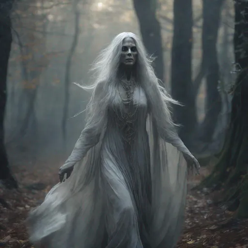 Prompt: Generate an ultra high definition (8k) image of a stunning Ghost Woman walking through a forest, long silver hair blown by the wind, necromancer. The image should be a close-up, capturing her in motion in a low-cut outfit. The woman should be adorned with a large amount of jewelry with occult symbols, showing intricate and hyper-realistic details. The overall aesthetic of the image should be a mix of neo-futuristic glamor and dark, mystical elements. To emphasize the beauty and mystique of the woman, use edge lighting, moonlight, global neon lighting and other dark neon lighting techniques. Attention to symmetry is crucial to achieving a masterpiece, and the image must pay close attention to small details, macro details and ultra-detailed textures. Additionally, incorporate volumetric lighting for a sense of depth and realism. Realistic reflections on surfaces will improve the overall image quality. The end result should be incredible, with cinematic effects and an inner glow that adds to the mysterious atmosphere., Mysterious