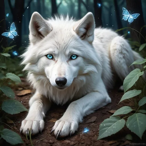 Prompt: A hyper-realistic digital artwork of an adorable cute white wolf lying on the ground, looking directly at the viewer with big and blue, expressive eyes. The fur of the wolf is dense and textured, with each hair finely detailed and shimmering with tiny fireflies under a dimly lit night sky. Leaves gently fall around it, adding to the magical, serene atmosphere. The scene is set on a rough textured surface that resembles the wood. The color palette is dominated by shades of green and grey, emphasizing a chilly, enchanting ambiance