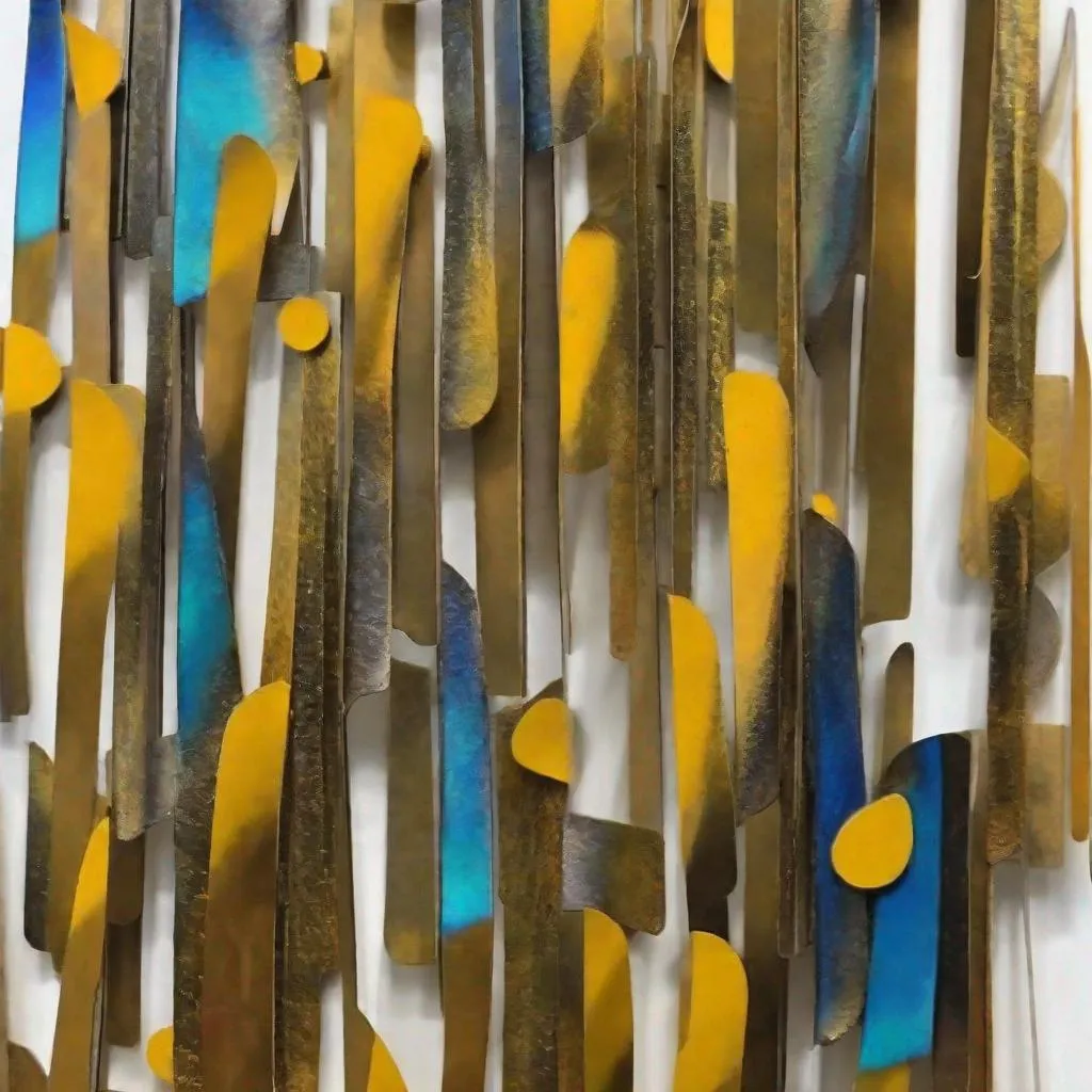 Prompt: unique metal abstract tabletop sculpture, goldenrod metal, colorful background