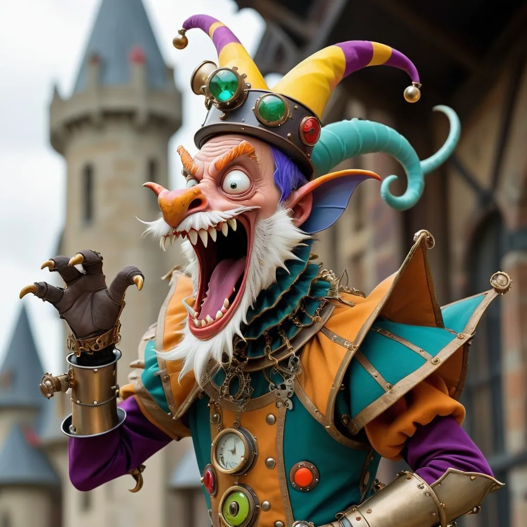 Prompt: Dragons magical Startled Steampunk 12th Century court Jester dragon with king accoutrements humorously reacts with a startled scream