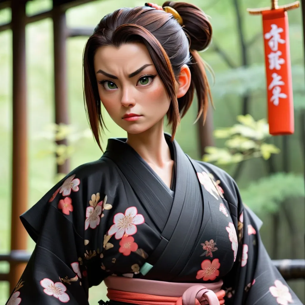 Prompt: Female RONIN wearing a black  kimono      