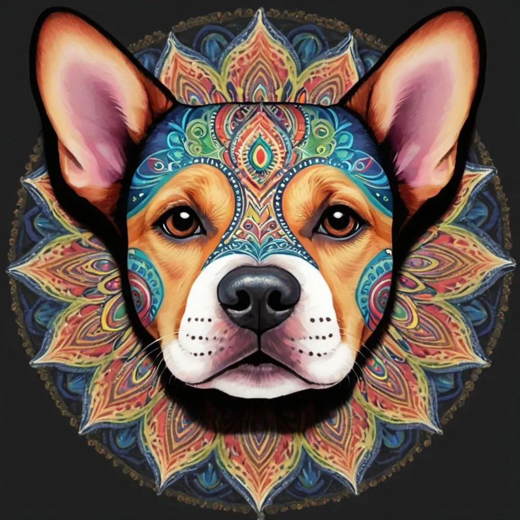 Prompt: dog, multicolored, mandala body, mandala face