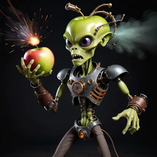 Prompt: Exploding alien steampunk style holding apple ipad in his hands