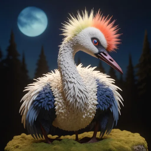 Prompt: SFW, landscape, 3 / 4 view, wide view, 7 "colorful, mean, proud, super massive, obese, baby crane", with a halo", glowing, realistic, spiked hair, fluffy, silky, furry, backlit, warm tones, night-sky, moss, indigo, cream, coral, bone-white, photorealistic eyes, ornate, dynamic, particulate, intricate, elegant, highly detailed,  airbrush, acrylic on paper, volumetric lighting, occlusion, smooth, sharp focus, 128K UHD octane render, w more detail, ultra realistic, insane detail, cinematic