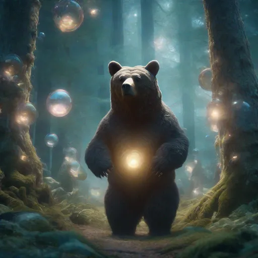 Prompt: This ultra-realistic, high-definition, expertly-cinematographed, computer-generated image features a detailed bear standing in an enchanted forest filled with mystical creatures. The telepathic riders, dressed in ethereal garments, silently communicate as pulsing orbs fill the sky and swirling, translucent textures create a surreal and fantastical atmosphere. The atmospheric haze and soft ethereal lighting add to the enchanting mood, while the intricate creature designs, swirling translucent material, and thick liquid create a mesmerizing texture. The image quality is crisp, sharp, and highly-detailed, with vibrant colors and soft, luminescent lighting. This fantastical and otherworldly scene was created using a digital pen to produce a stunning work of computer-generated imagery.  ,UHD,HDR10,16