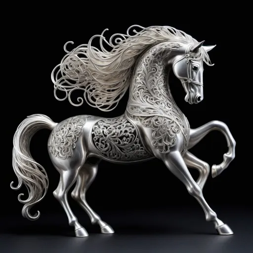 Prompt: A gorgeous horse with flowing mane and tail rearing on hind legs, made of silver filigree, on plain black background