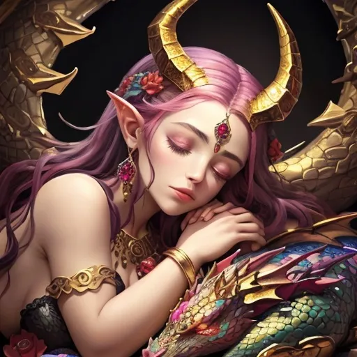 Prompt: A colourful and beautiful Persephone with dragon horns and scales, sleeping on a pile of gold and jewels in a painted style