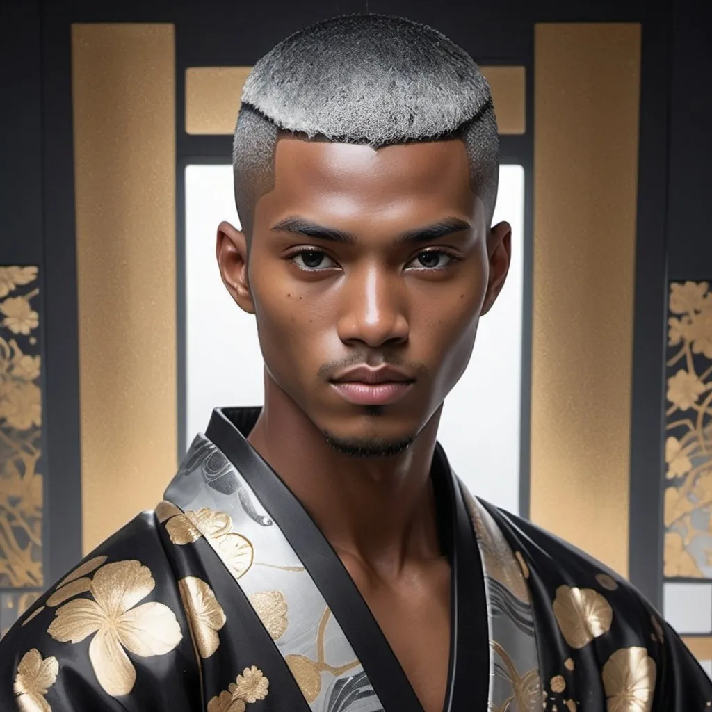 Prompt: Create a highly detailed painting of a young, handsome male model with a modern buzz cut hairstyle. His dark skin is coated with silver glitter paint, giving him a dazzling, shimmering appearance. He is dressed in a Japanese kimono-inspired battle robe made from mirror-black rubber fabric, combining traditional design with a sleek, futuristic twist. The robe should feature intricate patterns, blending the elegance of a kimono with the functionality of battle attire. The background should merge elements reminiscent of Gustav Klimt and Tsutomu Nihei, featuring gold accents and abstract designs. Ensure the artwork is highly creative and expressive, capturing the essence of avant-garde fashion and traditional art while maintaining precision in the character's features, glittering skin, and attire. Render the portrait in 4K resolution, focusing on achieving a stunning, master-level anime illustration. head and shoulders portrait, 8k resolution concept art portrait by Greg Rutkowski, Artgerm, WLOP, Alphonse Mucha dynamic lighting hyperdetailed intricately detailed Splash art trending on Artstation triadic colors Unreal Engine 5 volumetric lighting