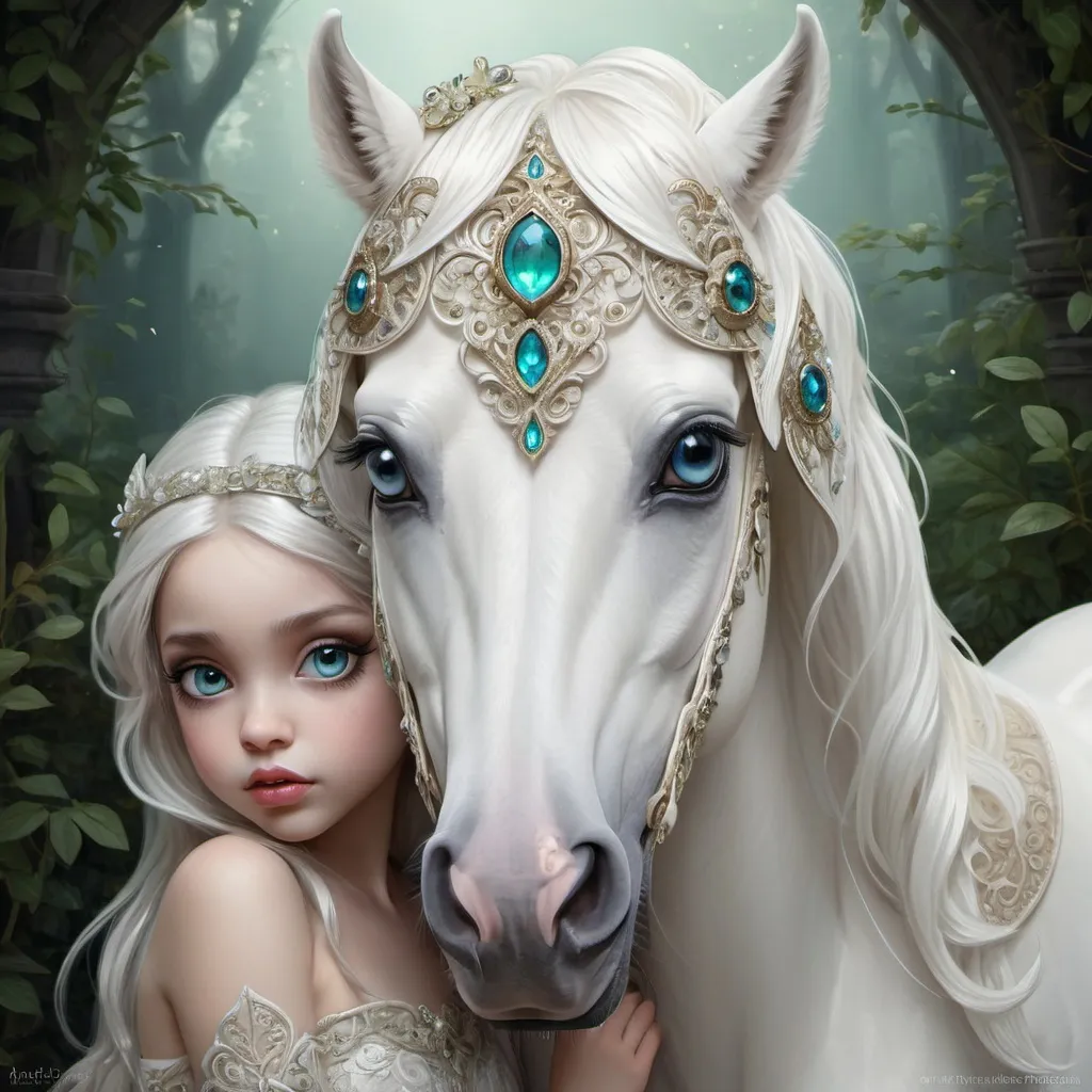 Prompt: Gorgeous intricate Fairy portrait with big eyes like Jasmine Becket Griffith, fantasy, horse, digital art, white horse, fairy, wings, rendered, artstation trending, Majestic white horse Stunning, intricate details