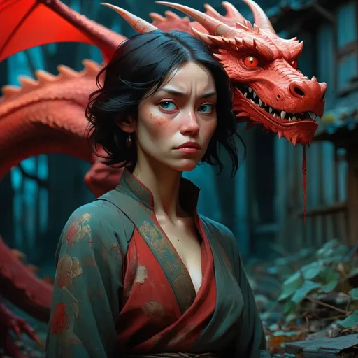 Prompt: "woman and red dragon translucent and bioluminescent  by Ismail Inceoglu, Sakiyama, M.W Kaluta and Hiroyuki-Mitsume Takahashi, Tomer Hanuka,  by Olivier Valsecchi ""Nikon 15mm f/1.8G, by Lee Jeffries, Alessio Albi, Adrian Kuipers" by pascal blanche inspired by the art of Petr Yushchenko village  oil on canvas, raphael, caravaggio, greg rutkowski, beeple, beksinski, giger, trending on artstation, sharp focus, studio photo, intricate details, highly detailed, by greg rutkowski, Mysterious