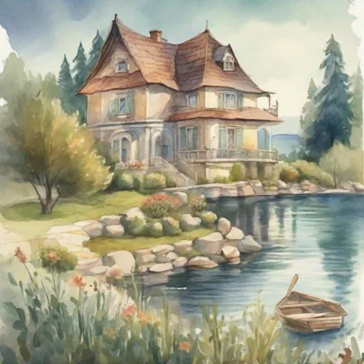 Prompt: strybk, a picture of a beautiful  house with a view of the lake
"A PICTURE like an oil painting", kids story book style, muted colors, watercolor style