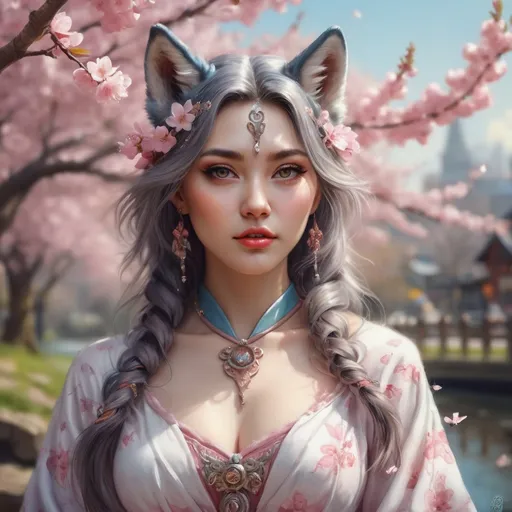 Prompt: Fully Clothed Portrait of alluring fantasy (wolf goddess in spring) in photorealistic quality in magical environment, furry tail, cherry blossoms; highly stylized face and tail portrait fantastically intricate detailed extremely complex art masterpiece by Thomas Kinkade by Ismail Inceoglu trending on Instagram HARDWARE Photographic Art Direction WLOP 5 realistic body centered, anime Character Design, Unreal Engine, Beautiful, Tumblr Aesthetic,  Hd Photography, Hyperrealism, Beautiful Watercolor Painting, Realistic, Detailed, Painting By Olga Shvartsur, Svetlana Novikova, Fine Art