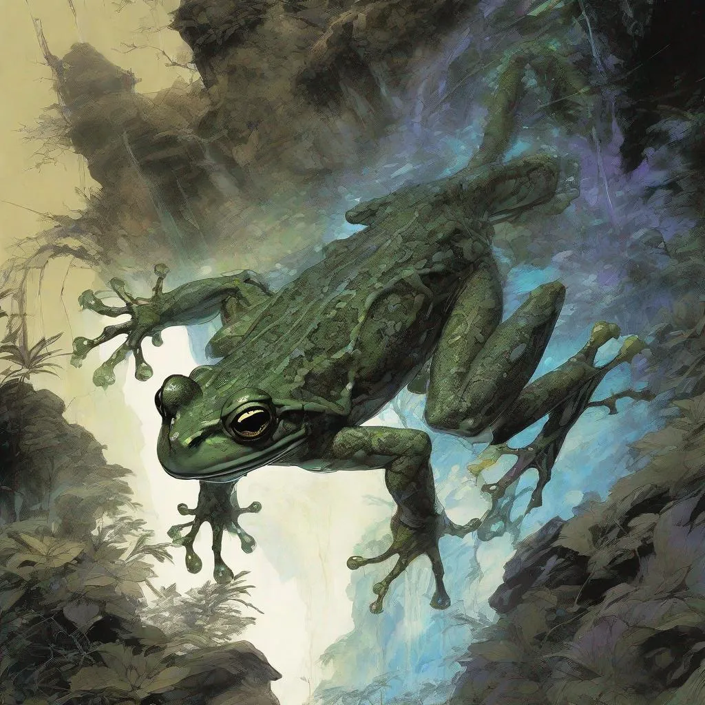 Prompt: Double-exposure; high-angle glossy vietnamese_mossy_frog cross with amphibious_dragon, waterfalls, intense blacks, nighttime; sepia, amber, golden brown, blue-grey, green, cold purple neon light; sergio toppi, jae lee, david mack, joe chiodo, humberto ramos, Makoto Shinkai, J.C. Leyendecker, ilya Kuvshinov, Royo, Karol Bak, Alphonse Mucha, Jordan Grimmer, Greg Rutkowski