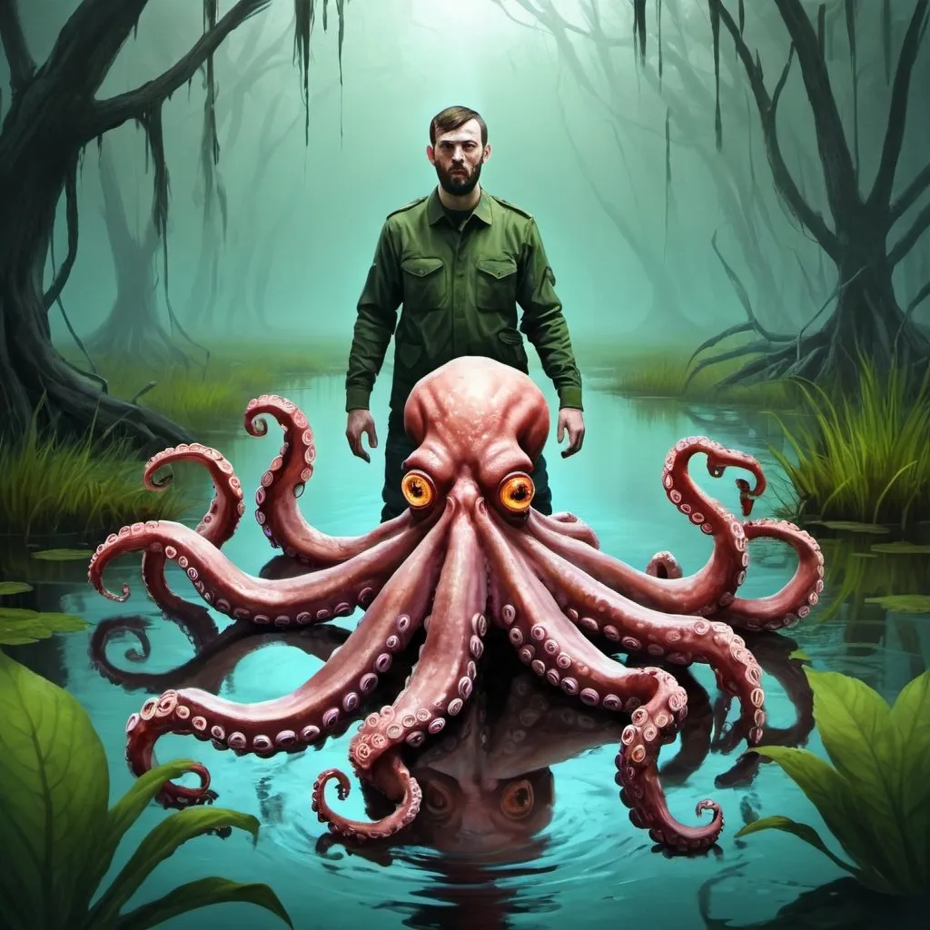 Prompt: man mutated with octopus in swamp, digital painting