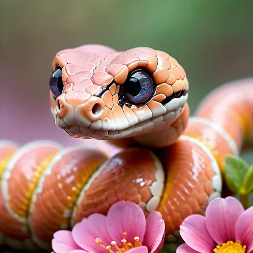 Prompt: Baby snake, extremity of macro photography, Disney chibi style, engaging with a flower, camera set ground level for perspective, focus sharp on the snaking textures, dew adorned petals accentuating a three-dimensional feel, background recedes into a bokeh effect, utilization of a soft pastel coloring, bathed in warm vibrant luminescence, employing a soft airbrush artistry, complexity in composition, delivered