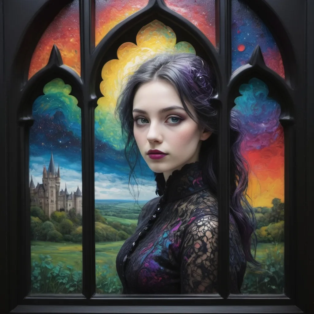 Prompt: a zentangle ferrotype portrait of In a gothic galaxy castle a vampire gazes through a window at the ethereal magic layers swirling in the vivid rainbow solar night in the style in the style of Rebeca Saray, Lin Fengmian, Anna dittmann, Justin Gaffrey, Michael Creese, Frank Cadogan Cowper, Yves Saint-Laurent, Thomas Edwin Mostyn, Hiro isono, James Wilson Morrice, Axel Scheffler, Gerhard Richter, pol Ledent. Encaustic paint and volumetric lighting. 