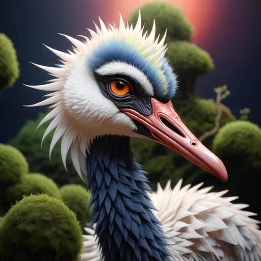 Prompt: SFW, landscape, 3 / 4 view, wide view, 7 "colorful, mean, proud, super massive, obese, baby crane", with a halo", glowing, realistic, spiked hair, fluffy, silky, furry, backlit, warm tones, night-sky, moss, indigo, cream, coral, bone-white, photorealistic eyes, ornate, dynamic, particulate, intricate, elegant, highly detailed,  airbrush, acrylic on paper, volumetric lighting, occlusion, smooth, sharp focus, 128K UHD octane render, w more detail, ultra realistic, insane detail, cinematic