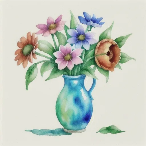 Prompt: watercolor flowers with stems and leaves