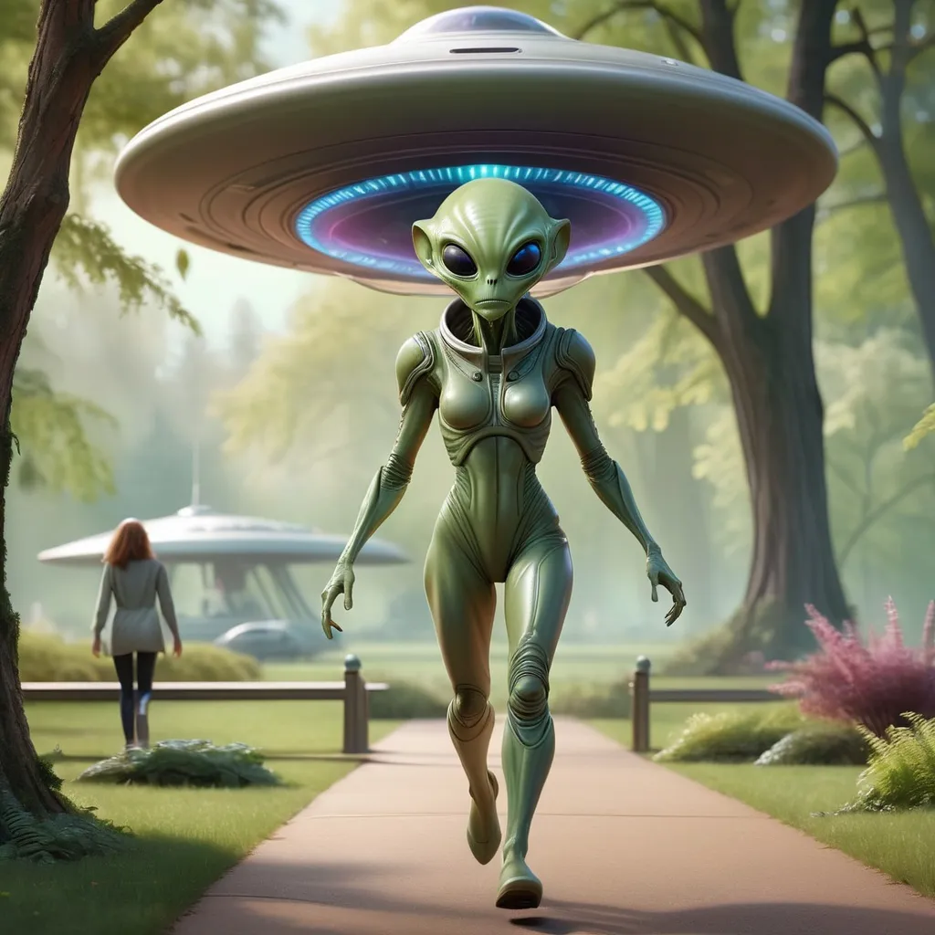 Prompt: a hyper realistic fantasy style alien exiting a flying saucer and walking out onto a park. The alien is woman in nature in a sheer space suit