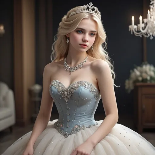 Prompt: a girl in a chic dress decorated with thousands of stones of different colors, a fluffy skirt as if strewn with sparkling little stars, a corset pulled a thin waist and opened a view of milky skin, a neat necklace decorated the collarbones and neck and gave even more shine to her unique wedding image. Blonde hair fell over fragile shoulders, a small tiara
[aesthetically pleasing, realistic, 128k, high resolution, high overdetalization,3d rendering,octane, cinematic, pixel rendering]