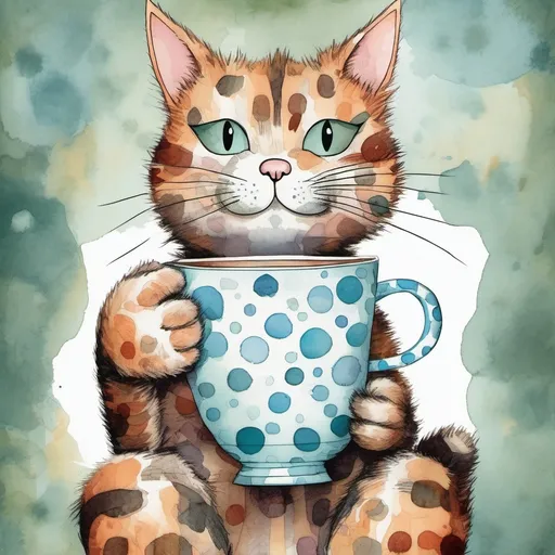 Prompt: A single polka dot cat holding a cup of hot coffee, Dr. Seuss aesthetic, children's book illustration, patchwork, very many polka dots, cartoonish cat highly detailed extremely detailed illustration studio lighting award winning crisp quality very cute watercolor line art coherent muted color scheme